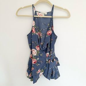 Monteau Blue Floral Ruffle Tie-Back Tank Top Romantic Summer Blouse